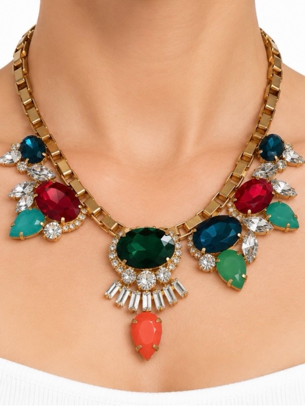 Multi-Color Crystal Statement Necklace - Gold Chain
